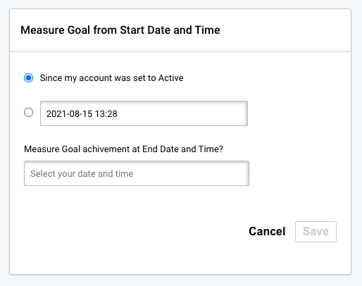 Specifying landing page performance goal start and stop